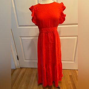 Red/Dark Orange Linen Maxi Dress with ruffle shoulder, Size S